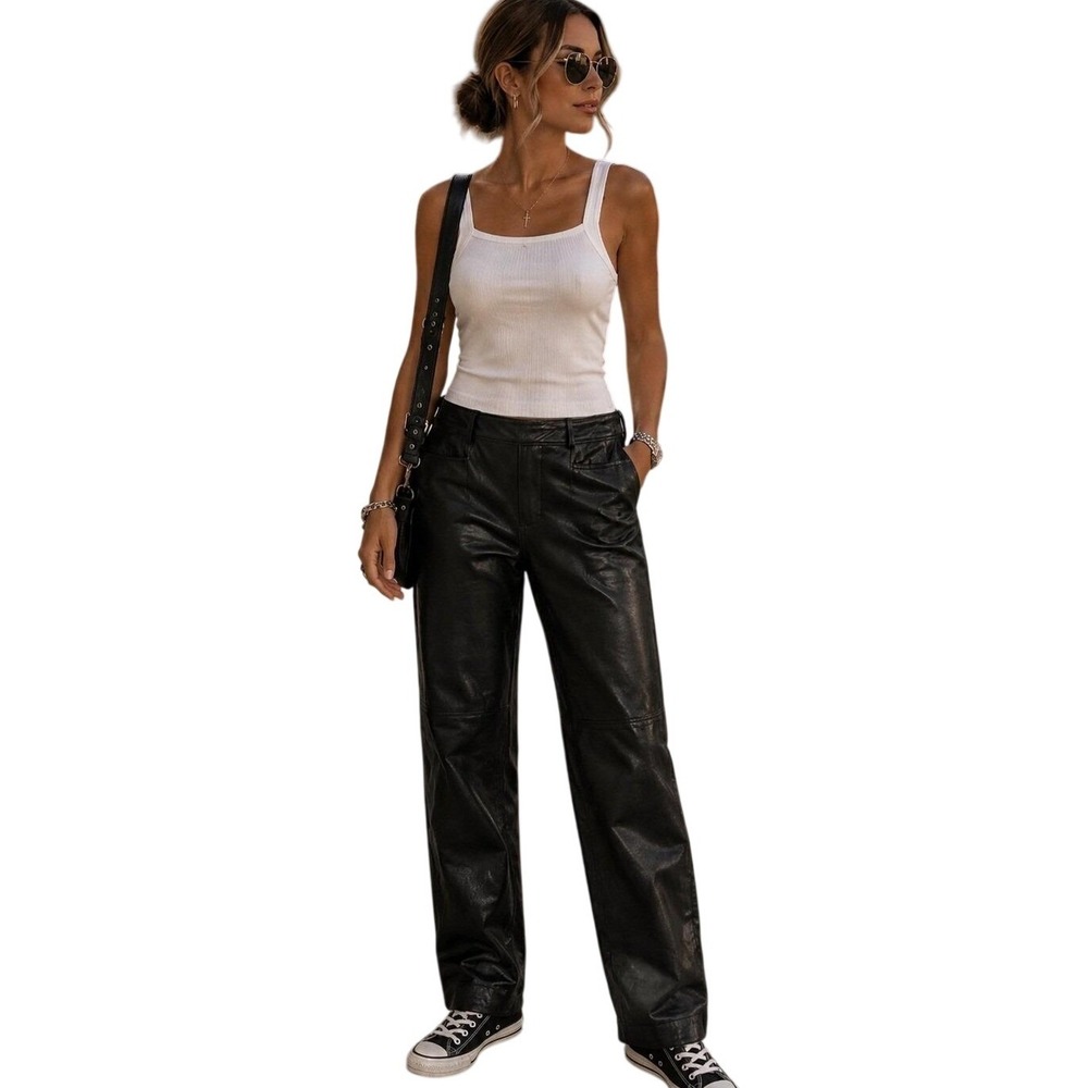 Vtg Worth Soft Black Leather Pants Straight Leg High Waisted Lined Size 8P